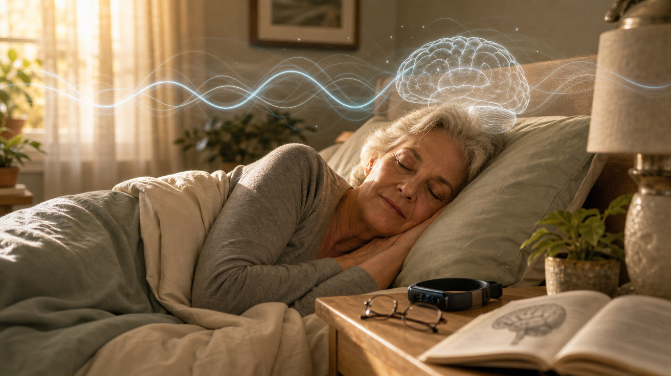 Mulher idosa a dormir na cama, com desenho digital de cérebro e ondas cerebrais acima da cabeça.