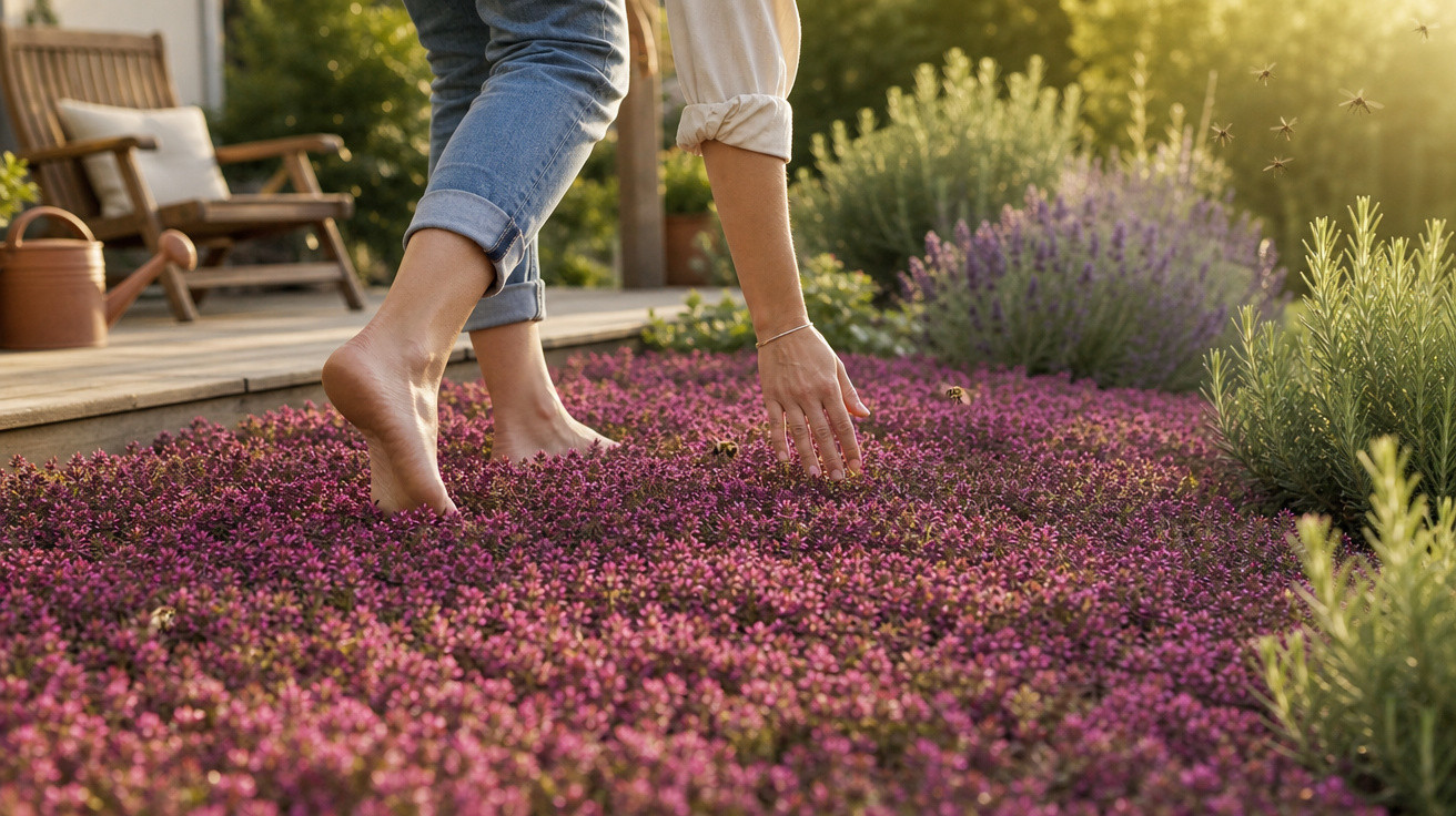 Pessoa descalça a caminhar por um jardim com flores púrpuras ao entardecer, tocando as plantas com a mão.