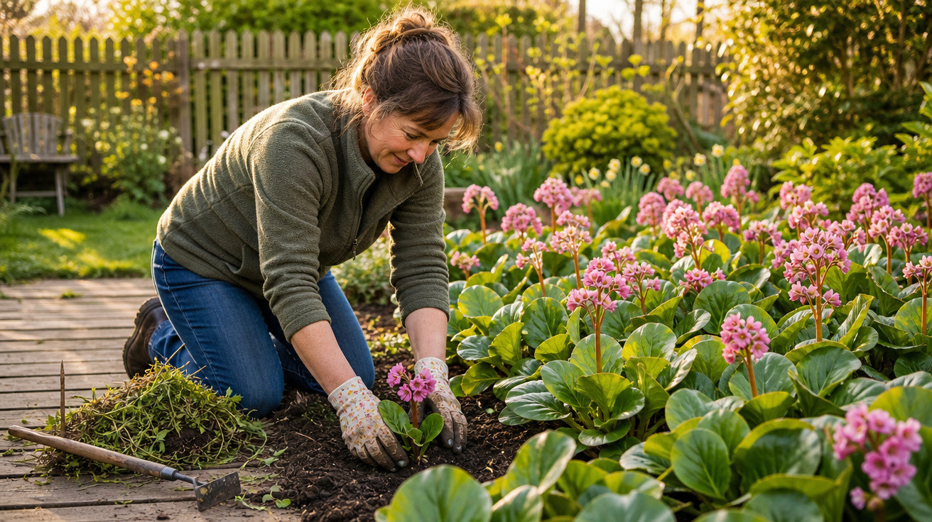 Mulher ajoelhada a plantar flores cor-de-rosa num jardim bem cuidado ao entardecer.