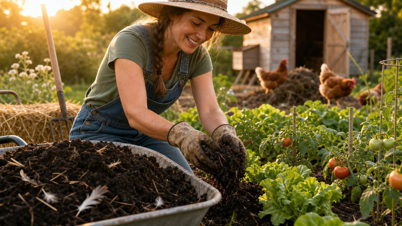 Mulher sorridente a trabalhar com terra numa horta cheia de legumes, com galinhas ao fundo ao pôr do sol.