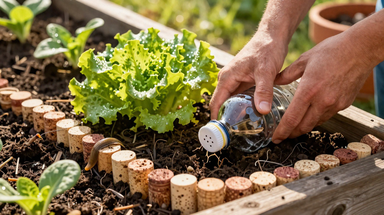 Mãos a regar uma horta com garrafa reciclada, alface e plantas em solo delimitado por rolhas.