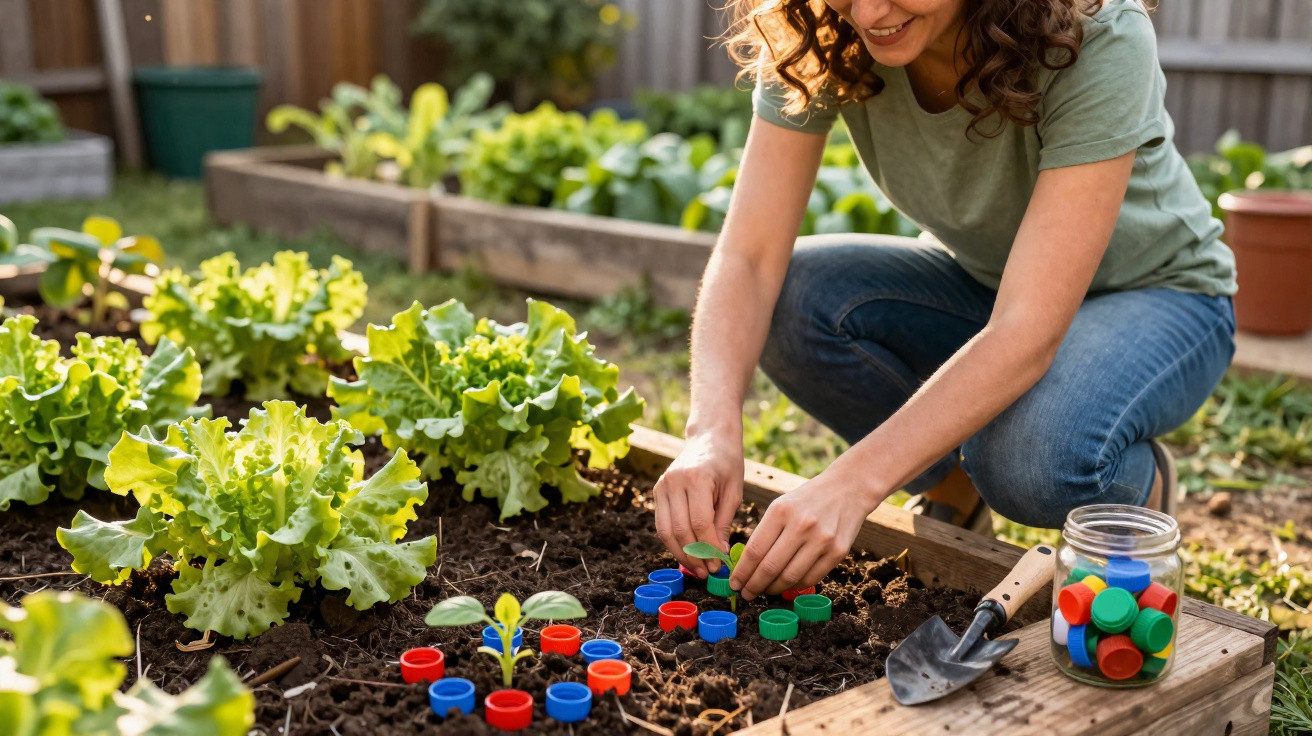 Mulher a jardinagem num canteiro com plantas e tampas de plástico coloridas espalhadas na terra.