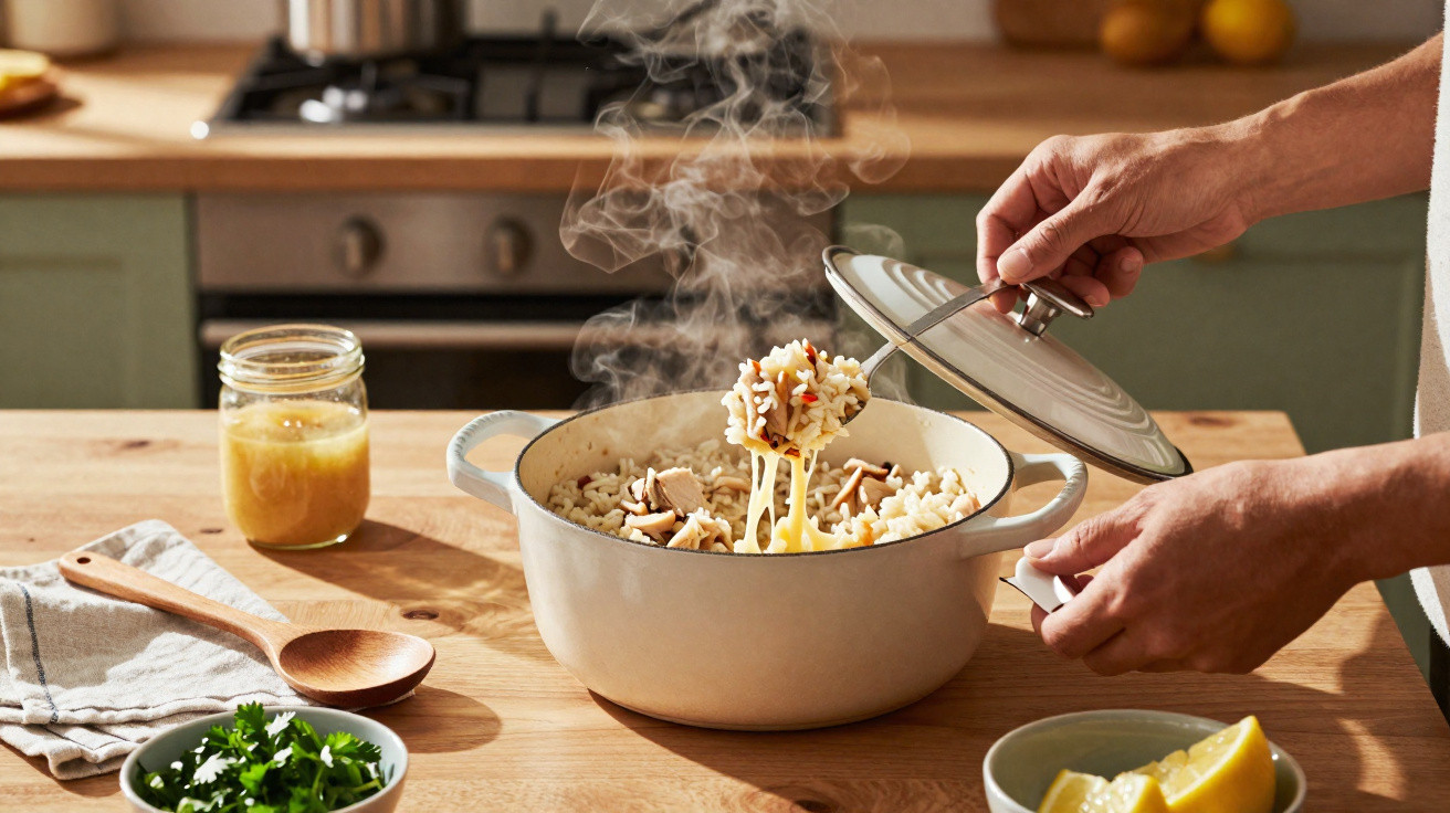 Mãos a servir arroz fumegante com legumes e queijo numa panela branca numa cozinha moderna.