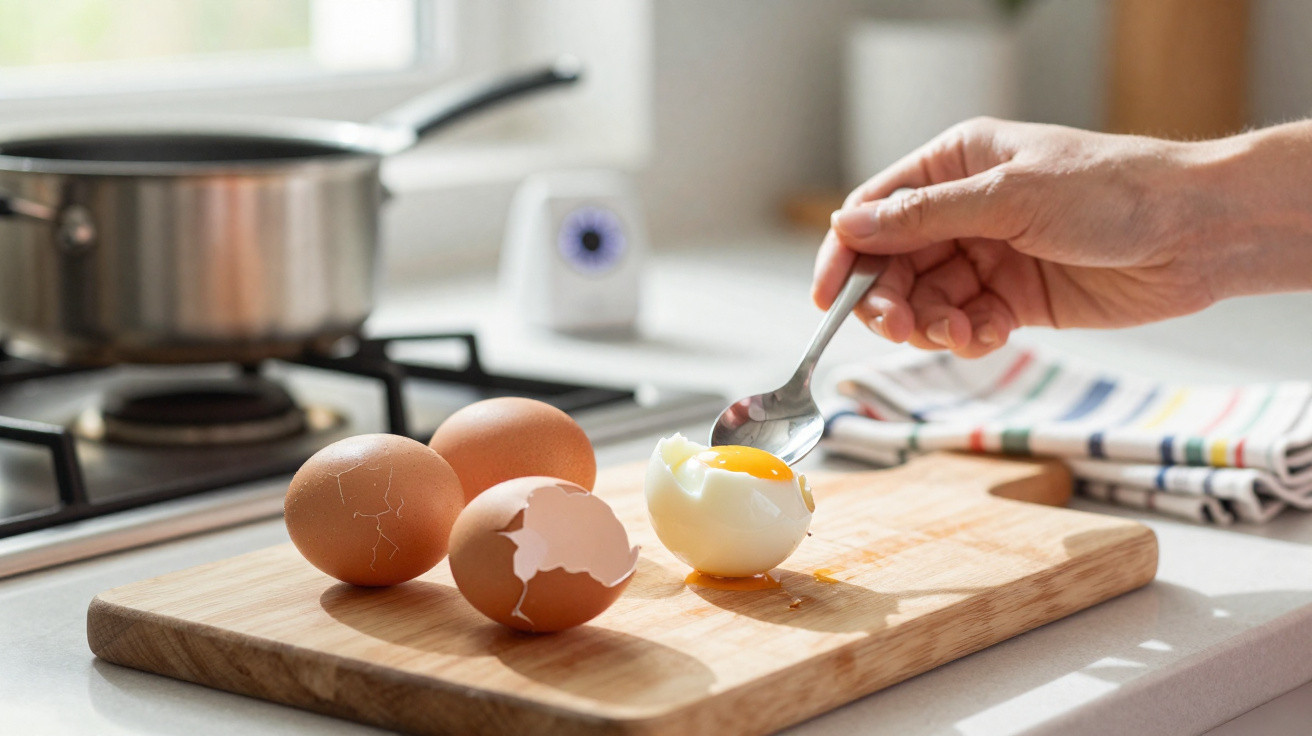 Ovos, um parcialmente descascado com gema visível, numa tábua de cozinha junto ao fogão.