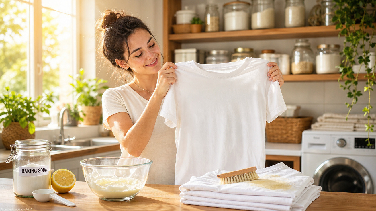 Mulher sorridente mostra t-shirt branca limpa na cozinha com produtos de limpeza naturais ao lado.