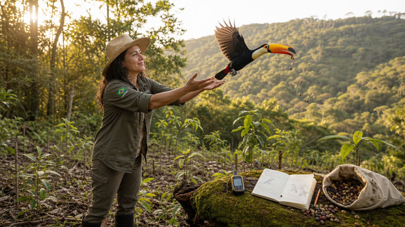 Mulher liberta tucano num bosque ao amanhecer com caderno aberto e saco de frutos ao lado.
