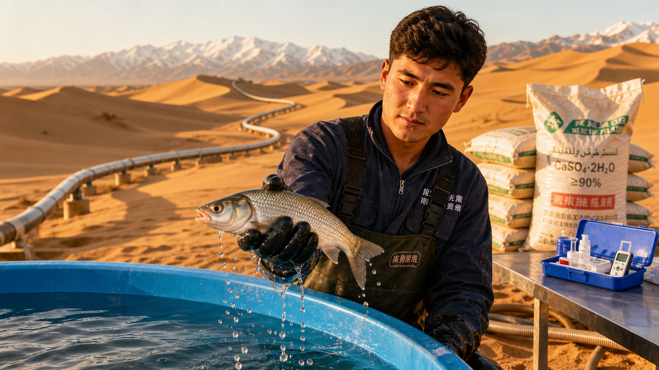 Homem a segurar um peixe junto a uma piscina azul com deserto e montanhas ao fundo.