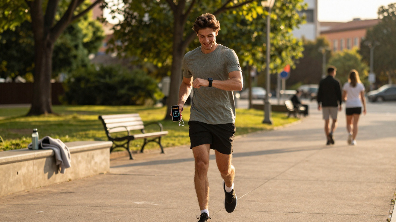Homem a correr num parque urbano ao final da tarde, olhando para o relógio no pulso.
