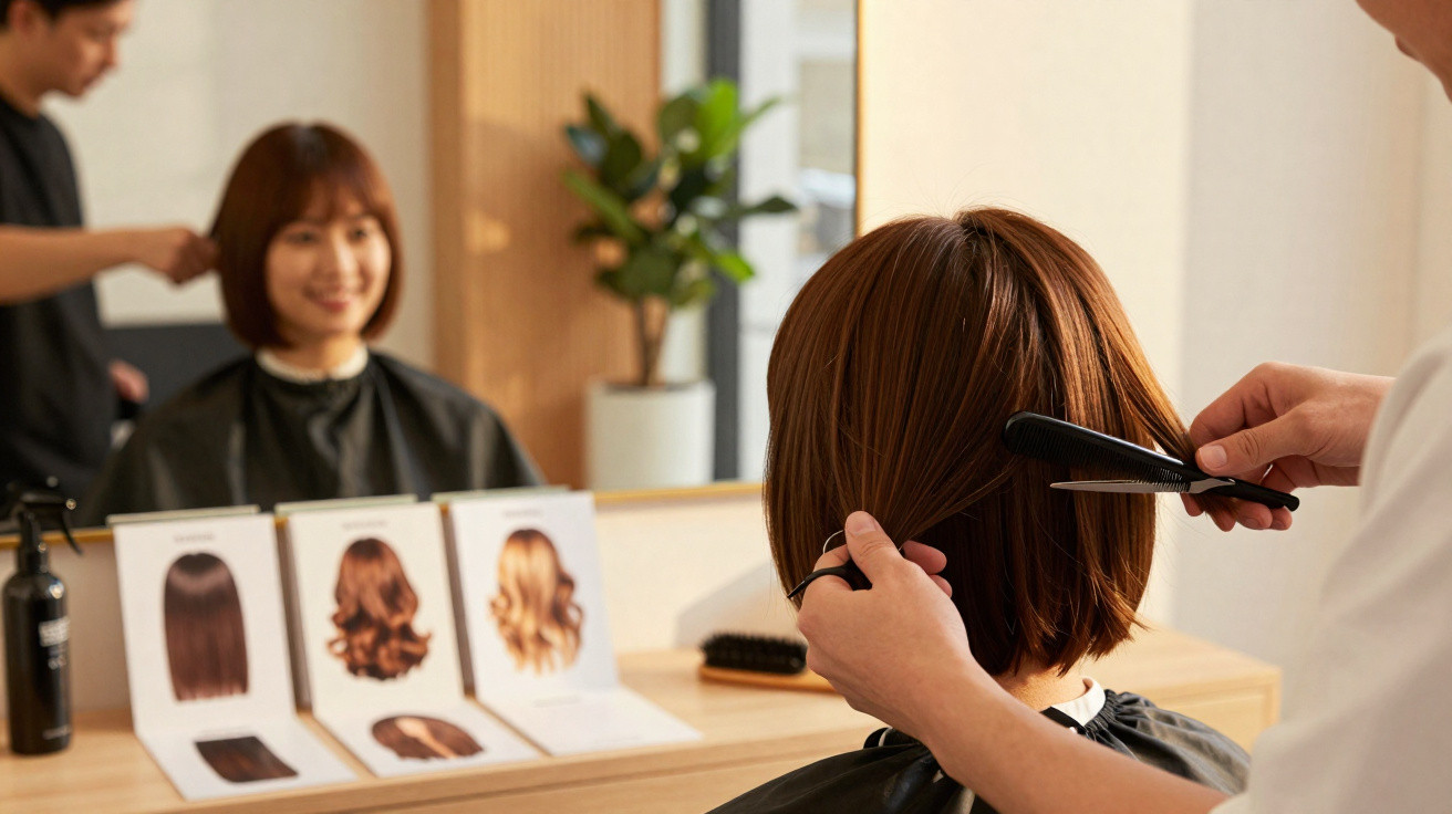 Cliente com cabelo castanho curto a ser penteada num salão, com amostras de cortes visíveis no espelho.