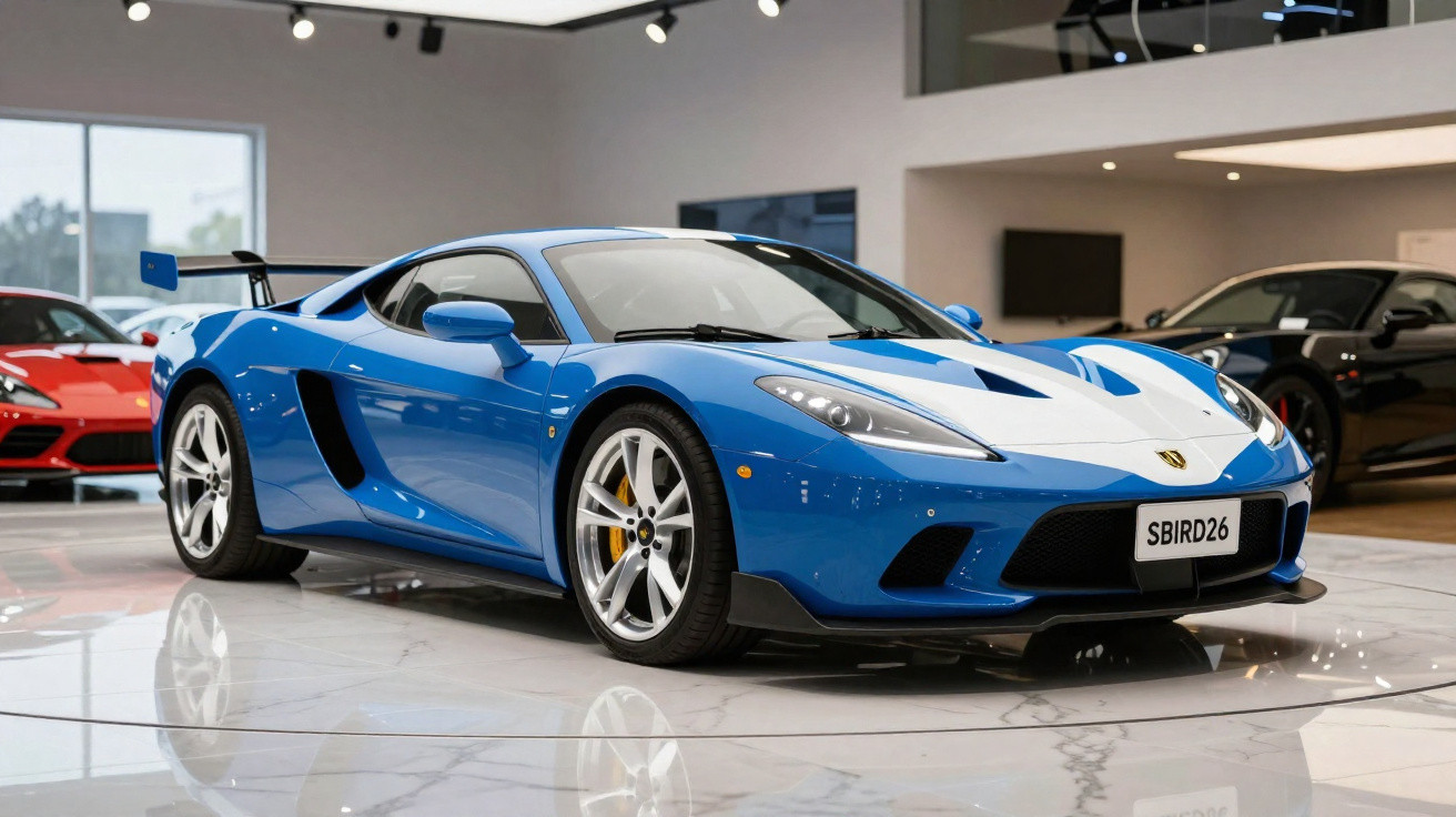 Carro desportivo azul com faixas brancas exposto numa sala moderna com chão de mármore.