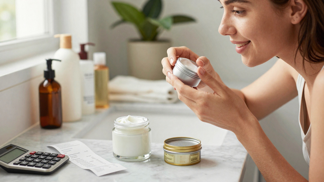 Mulher abre embalagem de creme facial na casa de banho com diversos produtos e calculadora na bancada.