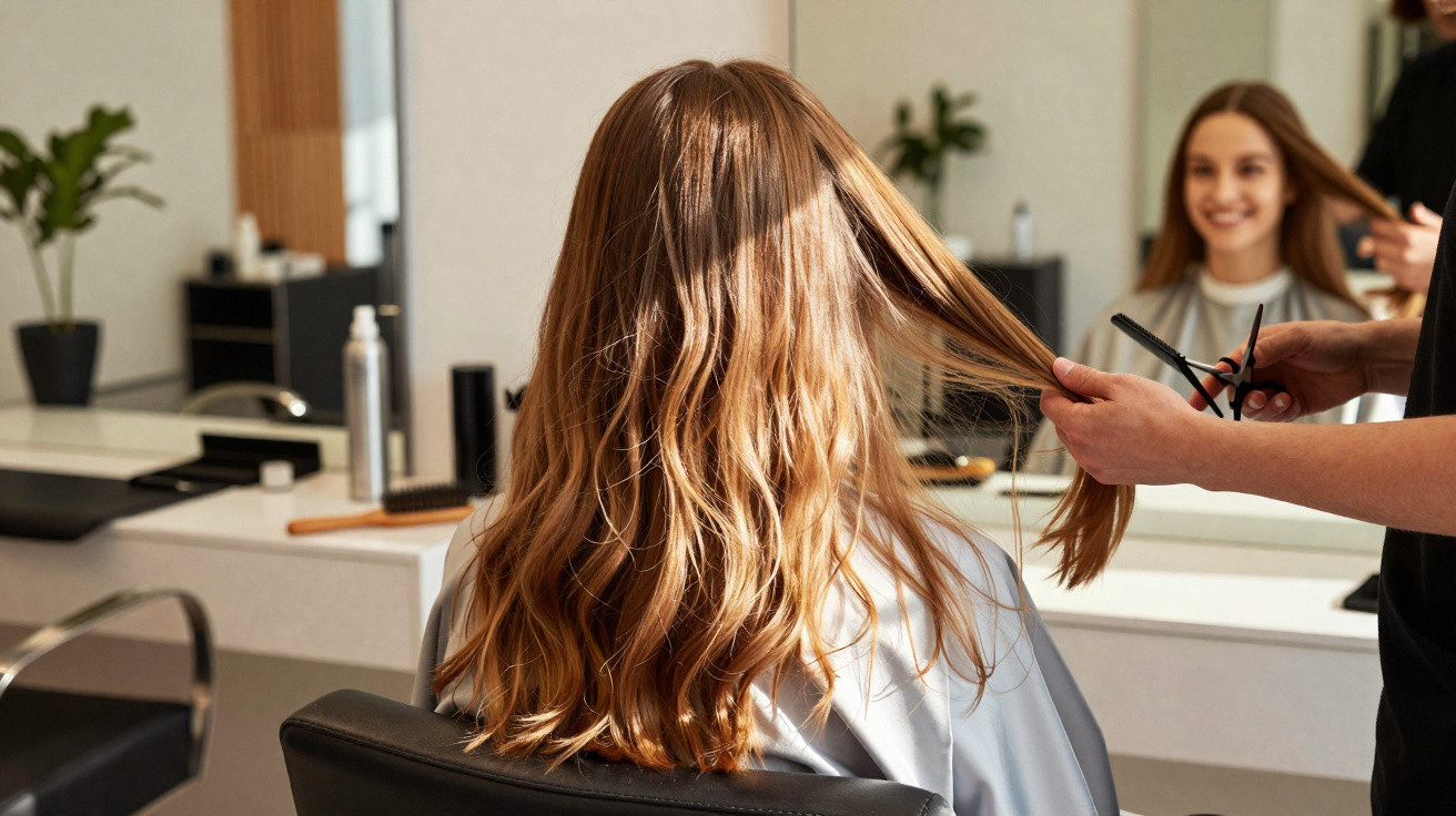 Mulher com cabelo comprido loiro sentado num salão, cabeleireiro a preparar cortar o cabelo.