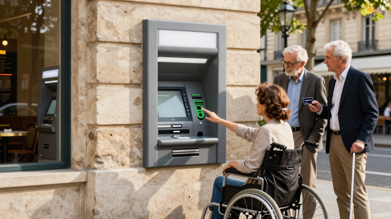 Mulher em cadeira de rodas usa caixa multibanco na rua enquanto dois homens a acompanham.
