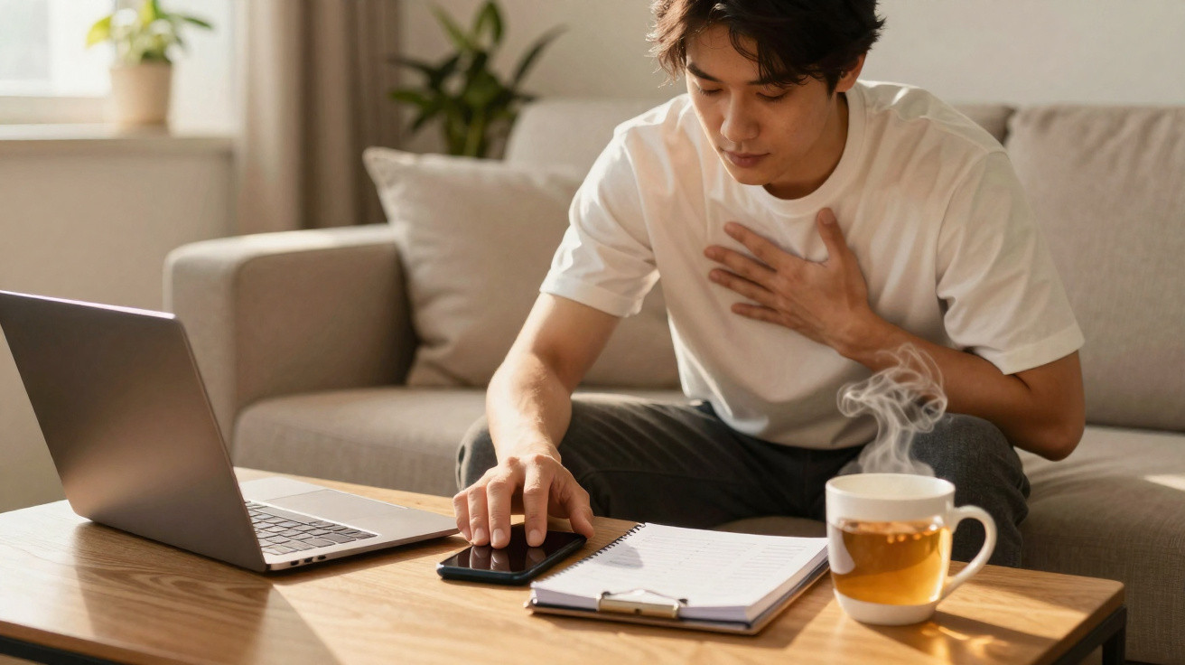 Jovem sentado no sofá segurando o peito, com computador, telemóvel e chá numa mesa à sua frente.