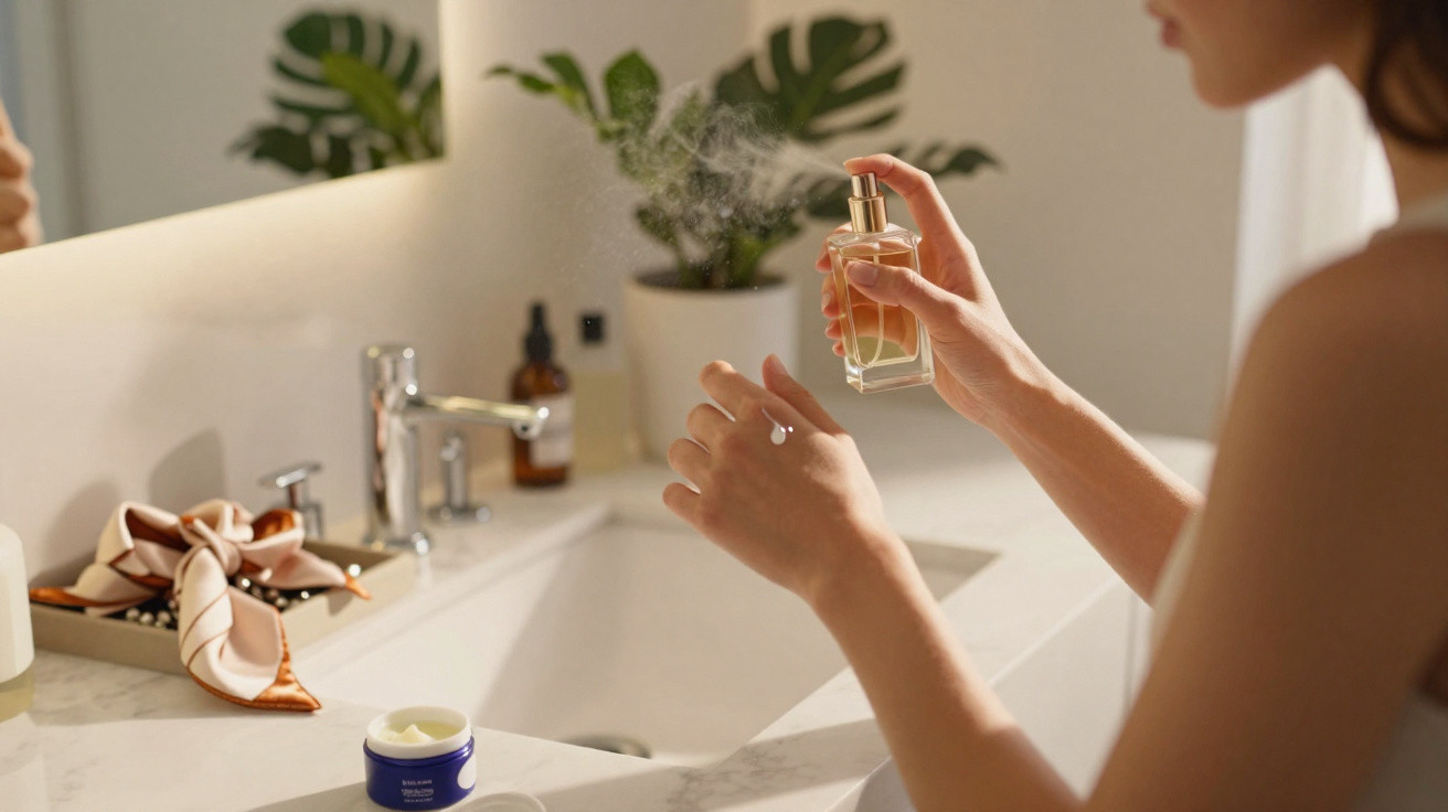Pessoa a aplicar perfume nas mãos numa casa de banho com plantas e produtos de beleza no balcão.