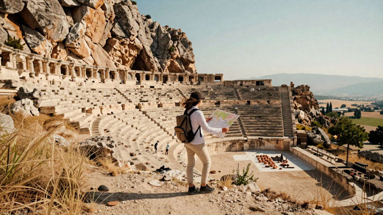 Mulher com mochila consulta mapa diante de anfi­teatro romano antigo em paisagem montanhosa e ensolarada.