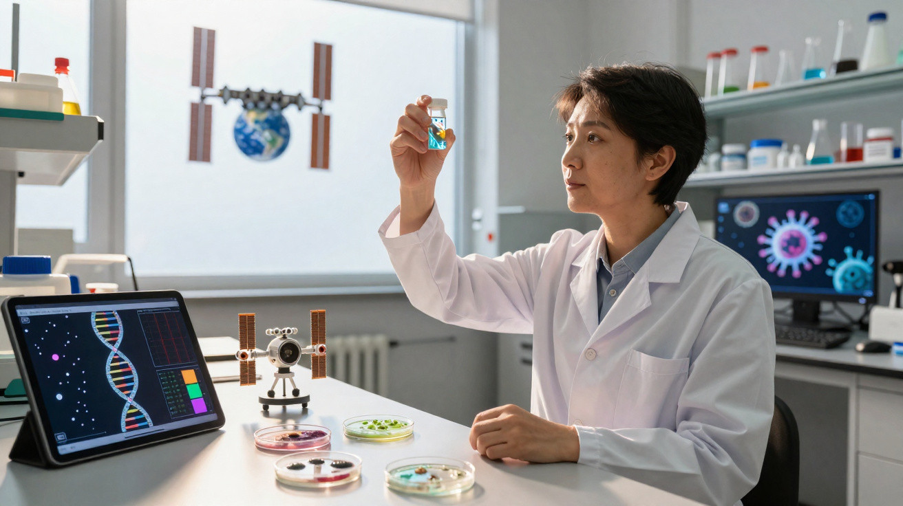 Cientista em laboratório analisa tubo de ensaio com líquidos coloridos, rodeada de equipamento científico.