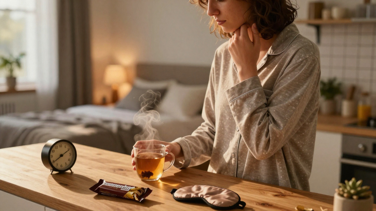Mulher de pijama segura chá quente na cozinha, com máscara de dormir e relógio numa bancada de madeira.