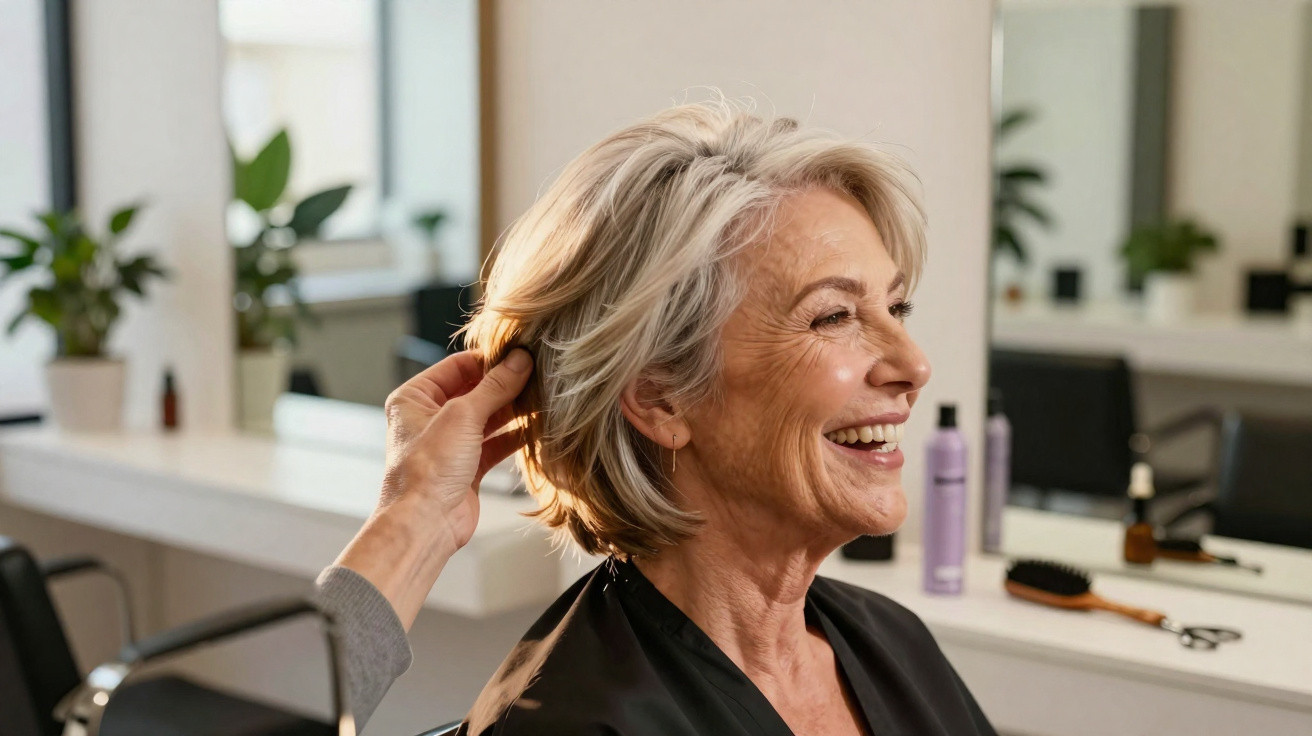 Mulher idosa sorridente a receber corte de cabelo num salão de beleza moderno.