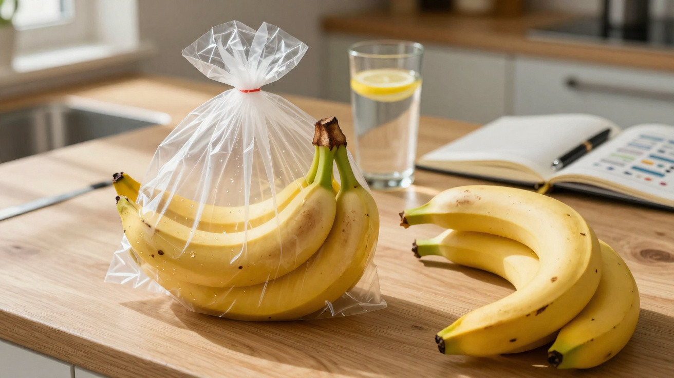 Cacho de bananas frescas, uma dentro de saco plástico e outra fora, sobre mesa de cozinha com copo de água.