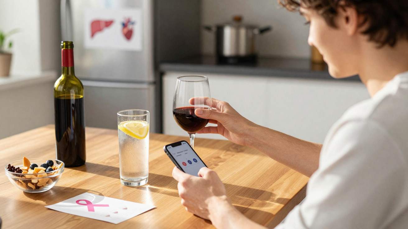 Pessoa a segurar um copo de vinho tinto e usar telemóvel numa mesa com frutos secos, copo de água com limão e garrafa de vinh