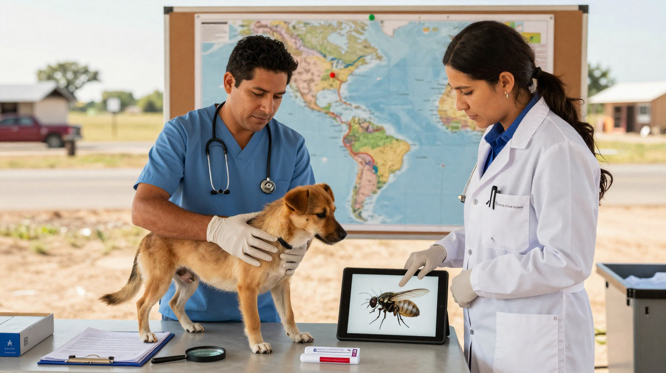Dois veterinários examinam um cão pequeno num consultório ao ar livre com um mapa e uma imagem de inseto num tablet.