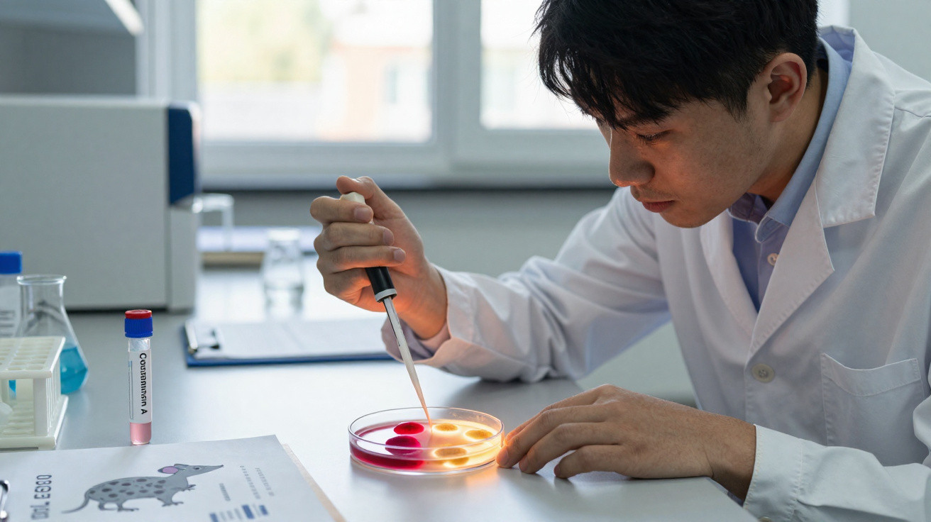 Cientista com bata branca a usar pipeta para colocar líquido em placas de Petri num laboratório.