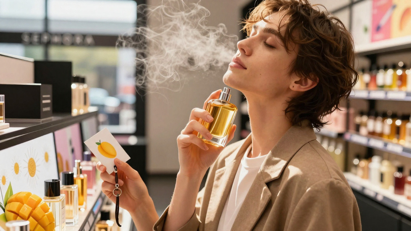 Pessoa jovem a aplicar perfume num espaço de venda, segurando cartão com imagem de manga.