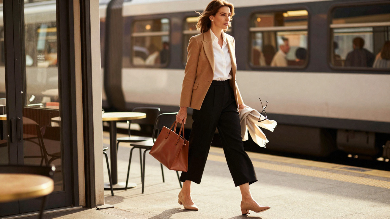 Mulher elegante a caminhar numa estação de comboios ao lado de um comboio parado.