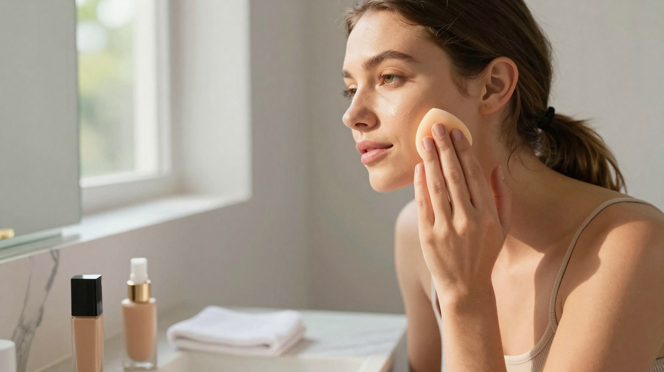 Mulher jovem aplicando maquilhagem com esponja no rosto junto a espelho e produtos de beleza.