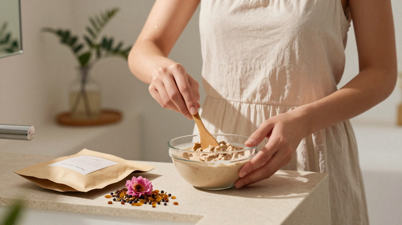 Pessoa a mexer uma mistura cremosa numa taça de vidro numa bancada com pacote e flor decorativa.