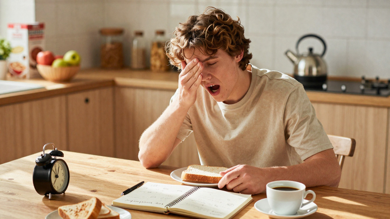 Jovem acorda cansado numa cozinha, boceja e segura torrada com livro aberto e café na mesa.