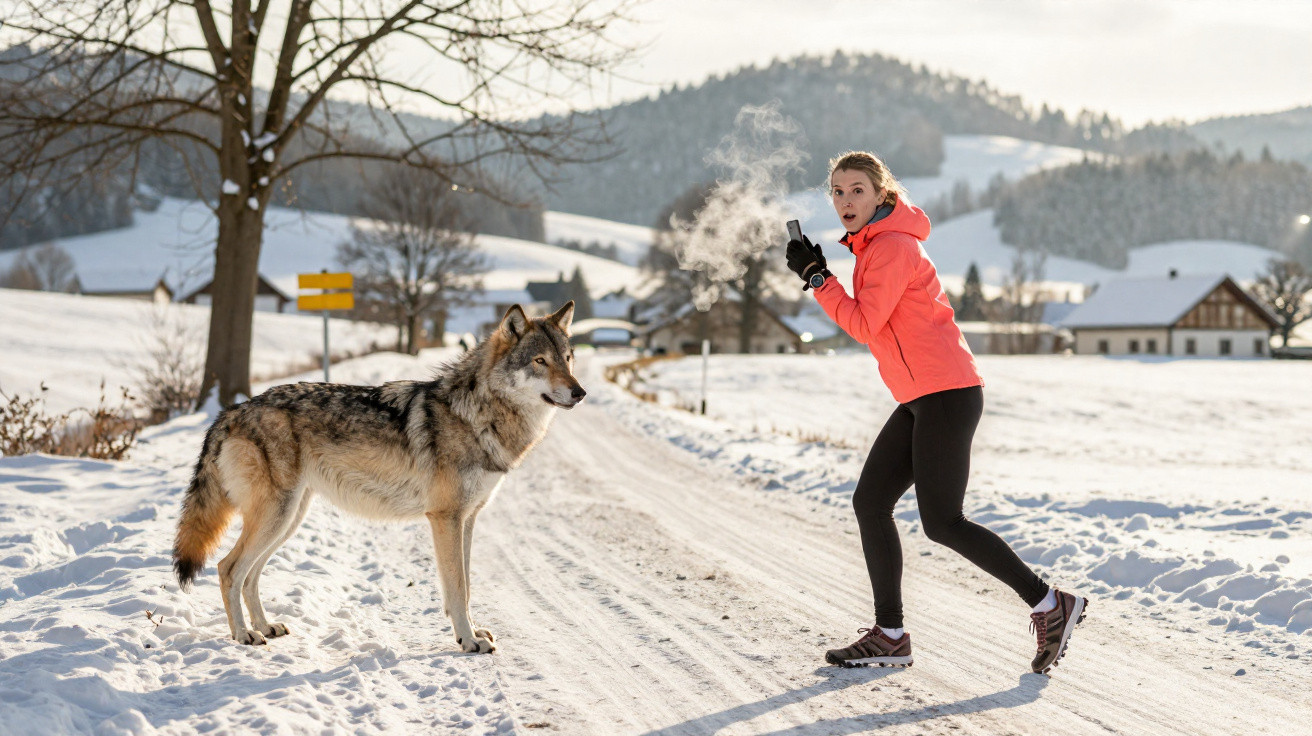 Mulher surpreendida por lobo na neve durante corrida em paisagem rural de inverno.