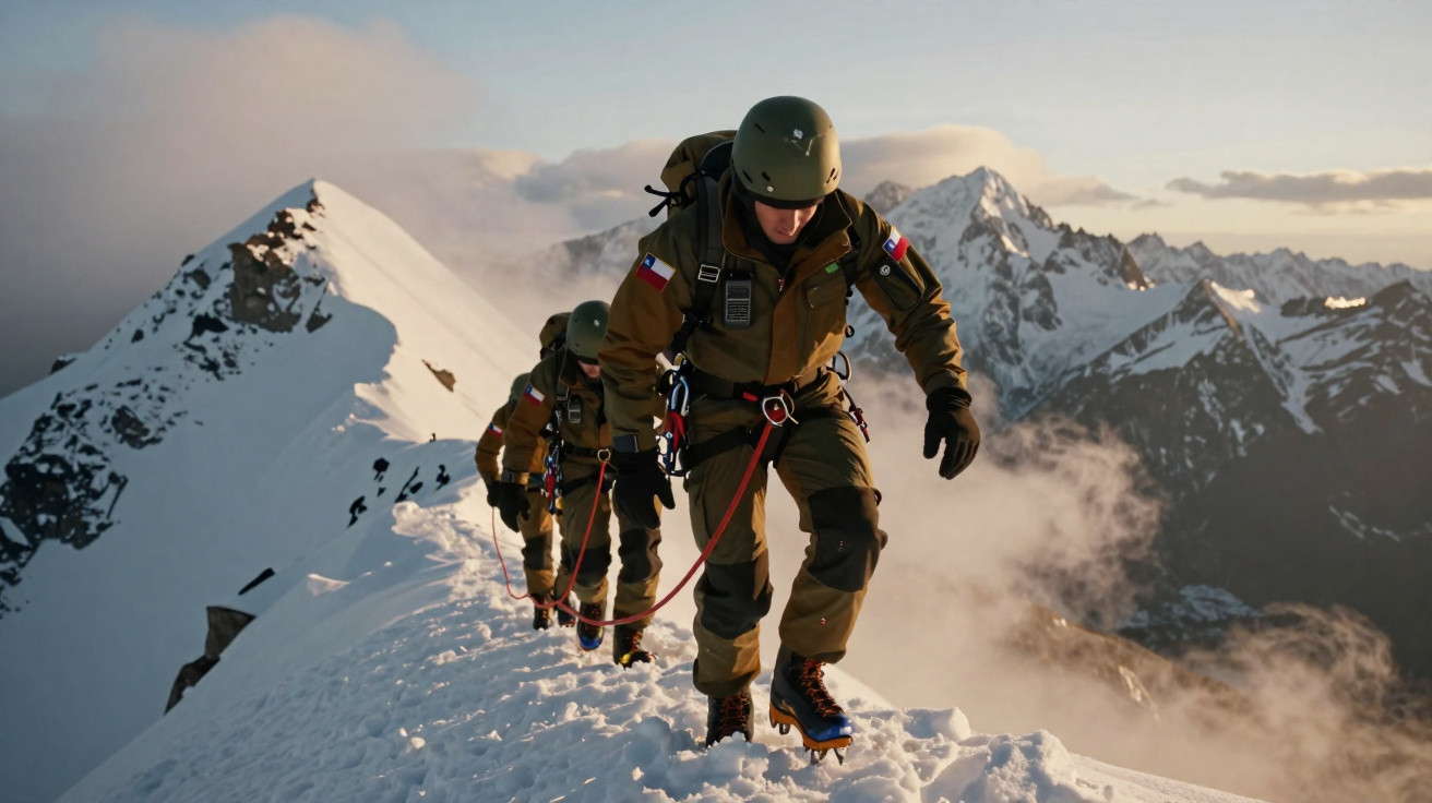 Militares com equipamento de escalada a subir uma montanha de neve com picos ao fundo ao amanhecer.