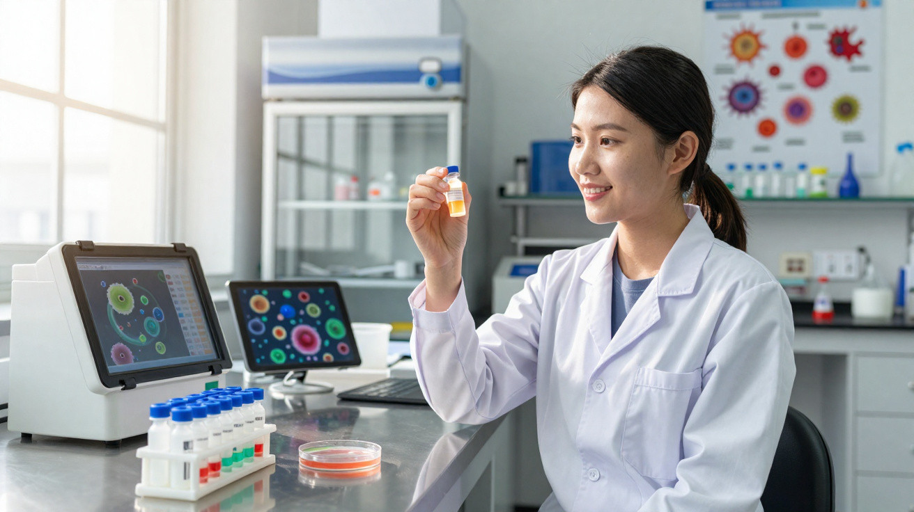 Cientista asiática a analisar frasco com líquido num laboratório moderno com ecrãs e material científico.