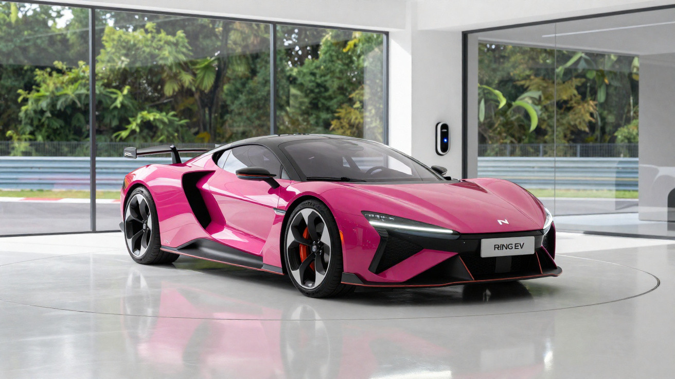 Carro desportivo elétrico vermelho estacionado num showroom com vidro e vista para natureza.