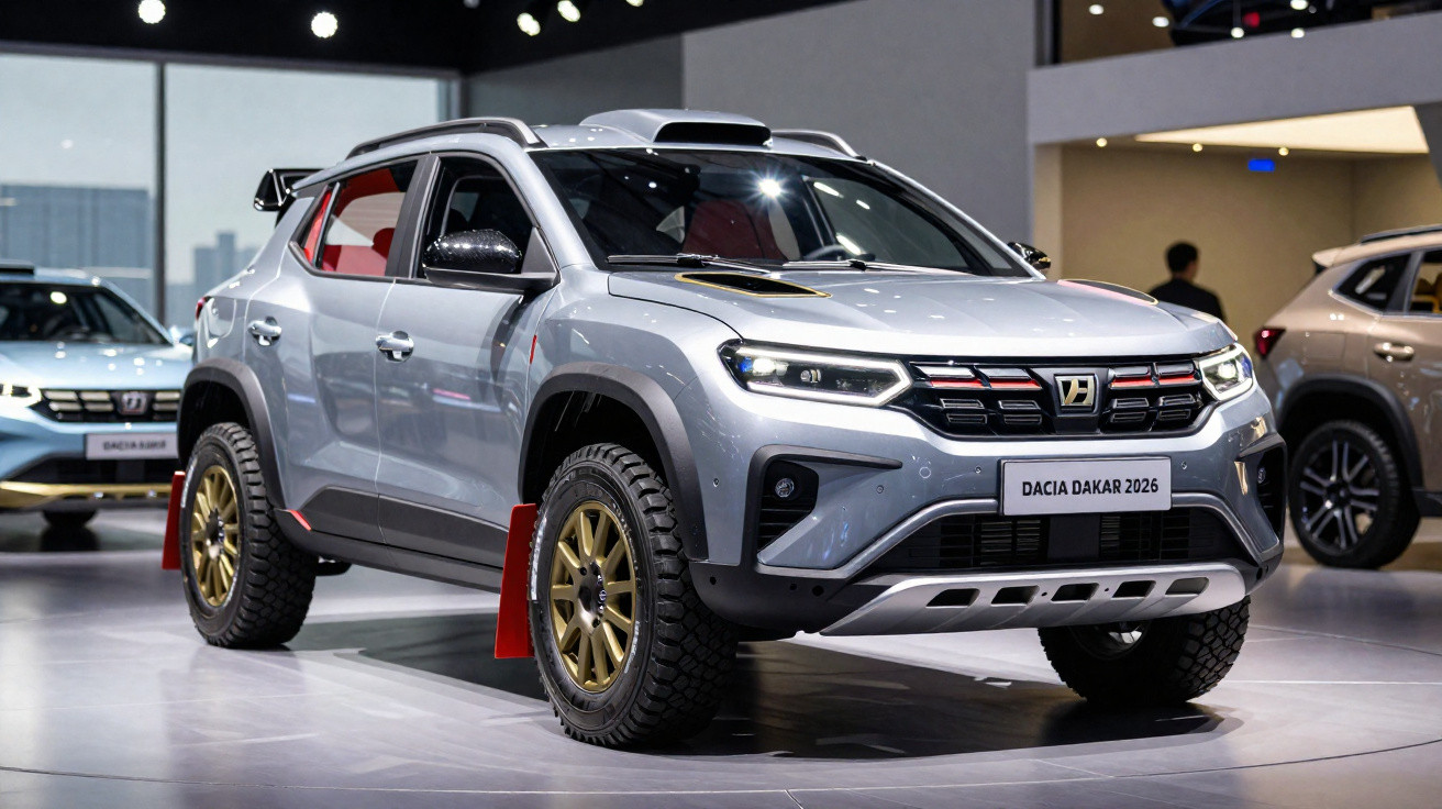 Carro SUV cinzento Dacia Dakar 2026 exposto em salão automóvel com rodas douradas e detalhes em vermelho.
