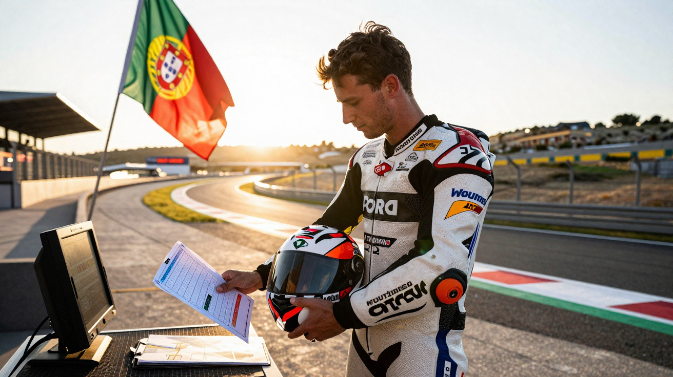 Piloto de mota de corrida com fato completo, capacete na mão e bandeira de Portugal ao fundo num autódromo ao pôr do sol.