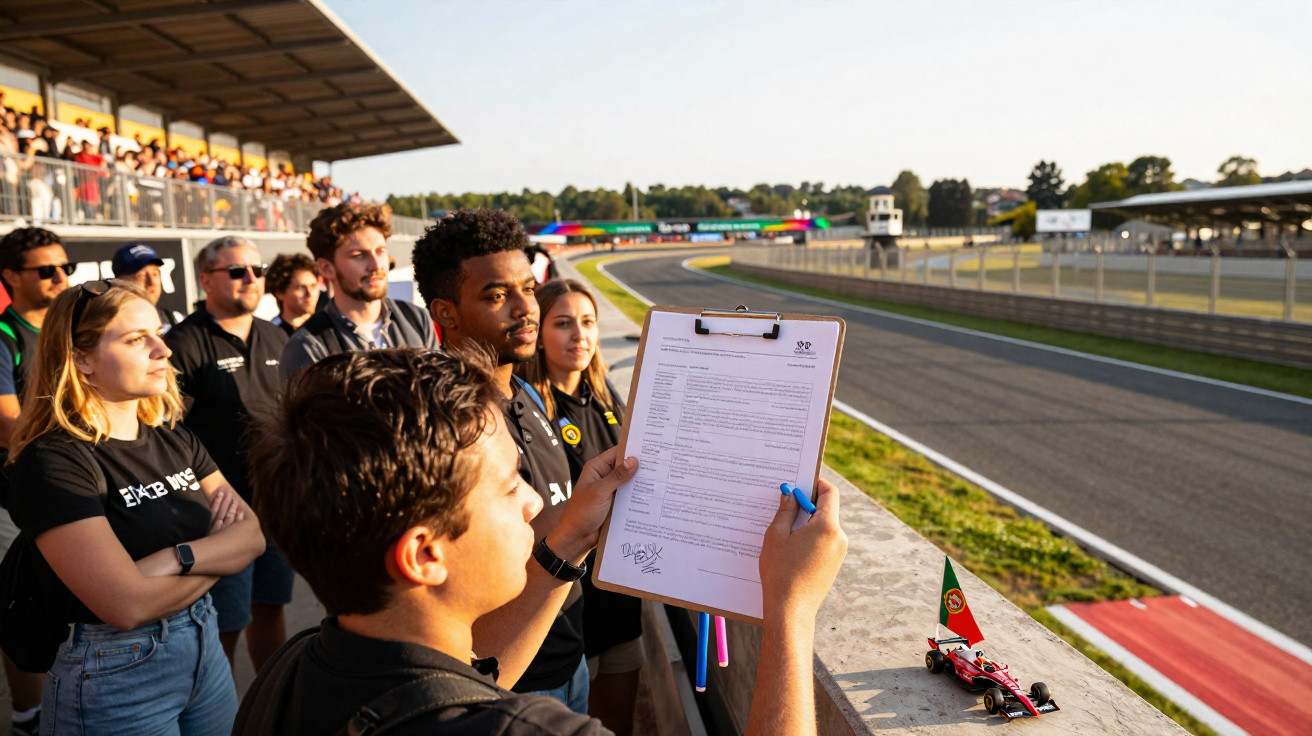 Grupo de jovens junto à pista de corridas com modelo de carro de fórmula com bandeira de Portugal.