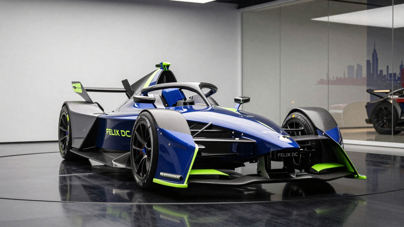 Carro de Fórmula elétrico azul e preto com detalhes verdes numa sala expositora moderna.