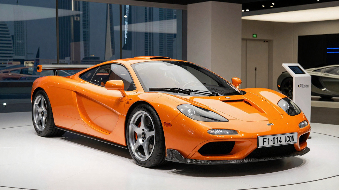 Carro desportivo laranja McLaren F1 exposto em ambiente interior moderno com vidros grandes ao fundo.