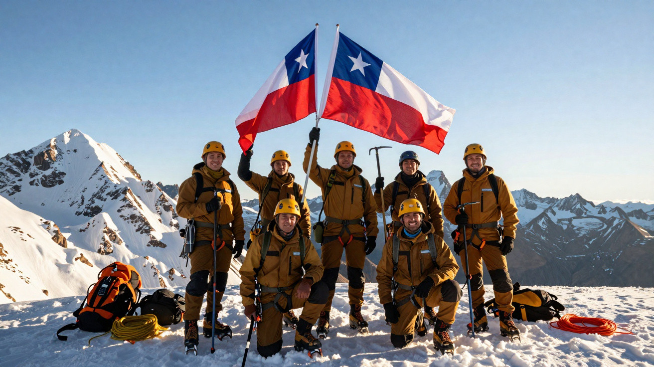 Grupo de montanhistas com equipamentos e duas bandeiras do Chile no cume nevado de uma montanha.