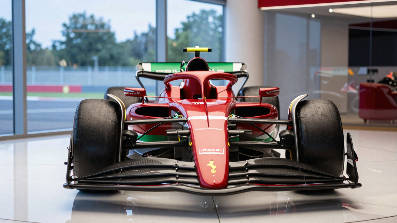 Carro de Fórmula 1 vermelho exibido na frente com pneus largos, em ambiente interior moderno com janelas grandes.