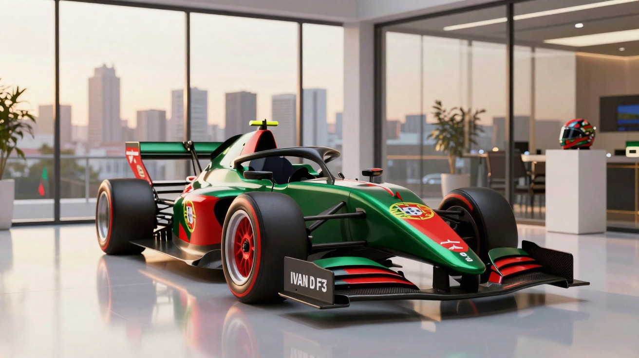 Carro de Fórmula 3 verde e vermelho com detalhes da bandeira de Portugal numa garagem moderna com vista para a cidade.