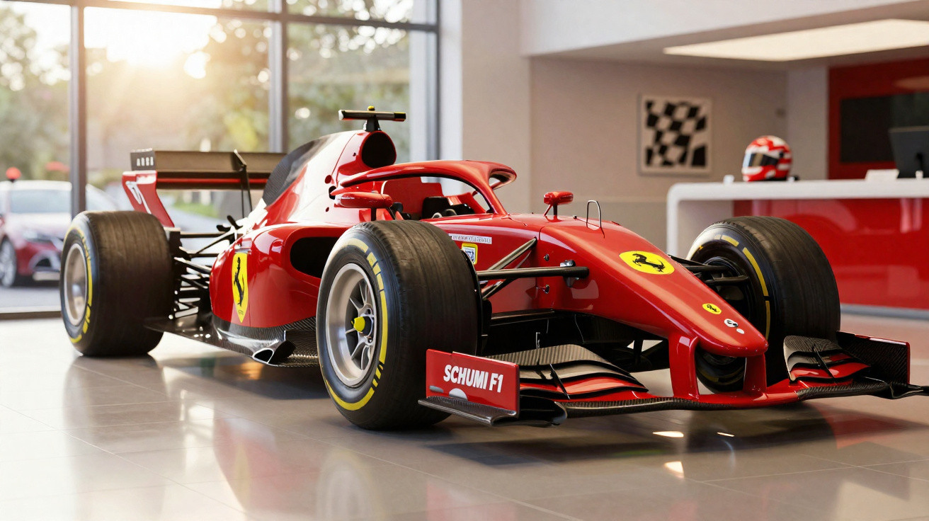 Carro de Fórmula 1 vermelho da Ferrari exposto em showroom com piso laminado.