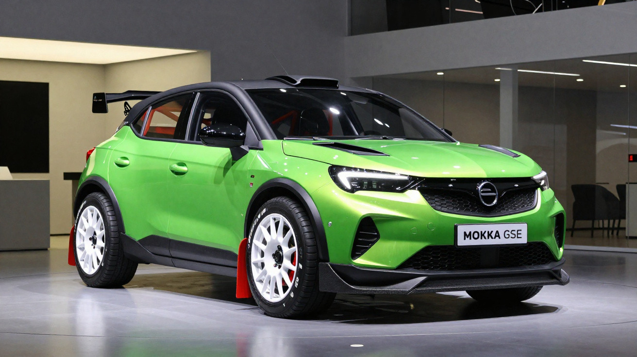 Carro desportivo Opel Mokka GSE verde com jantes brancas, apresentado em ambiente interior moderno.
