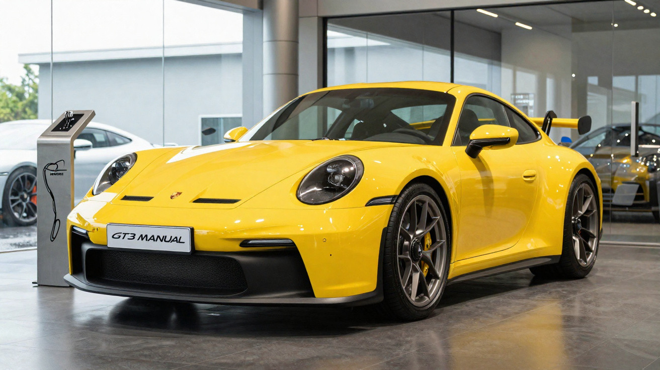 Carro desportivo amarelo Porsche GT3 Manual estacionado dentro de um showroom moderno com vidro e piso cinzento.