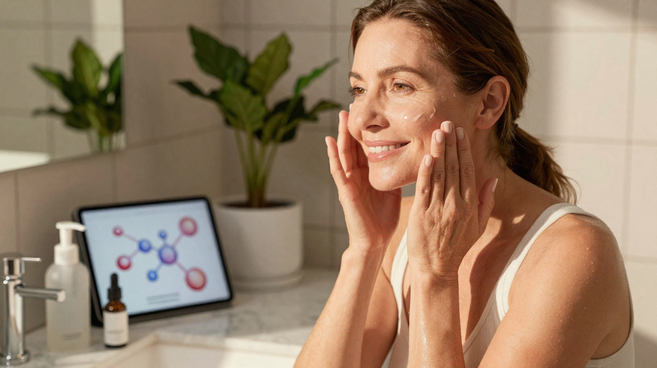 Mulher a aplicar creme facial junto a uma pia num ambiente de casa de banho iluminado.