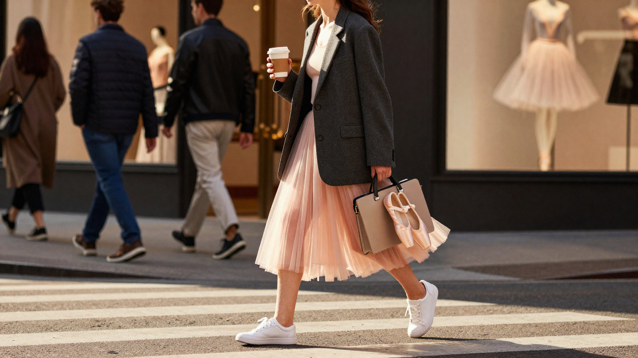Mulher a atravessar passadeira com saia plissada rosa, blazer cinzento, ténis brancos e café na mão.