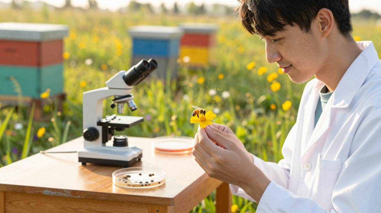 Cientista com bata branca observa abelha numa flor amarela ao ar livre, com microscópio e colmeias ao fundo.